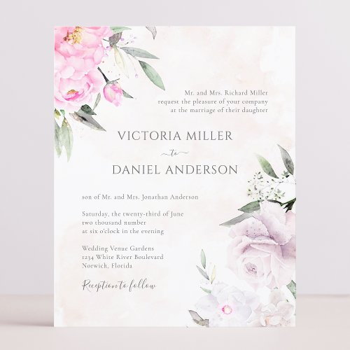 Pink Watercolor Floral Elegant Wedding Invitation