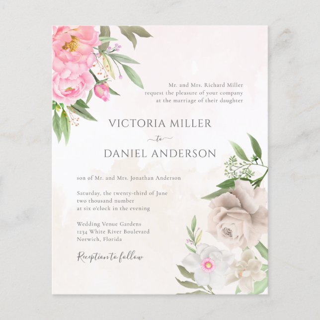 Pink Watercolor Floral Elegant Wedding Invitation (Front)