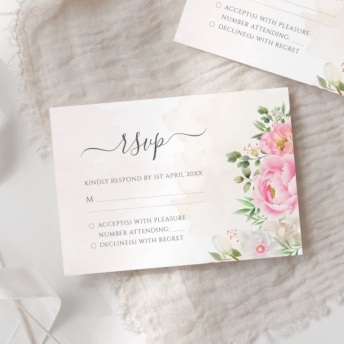 Pink Watercolor Floral Elegant Wedding RSVP Card