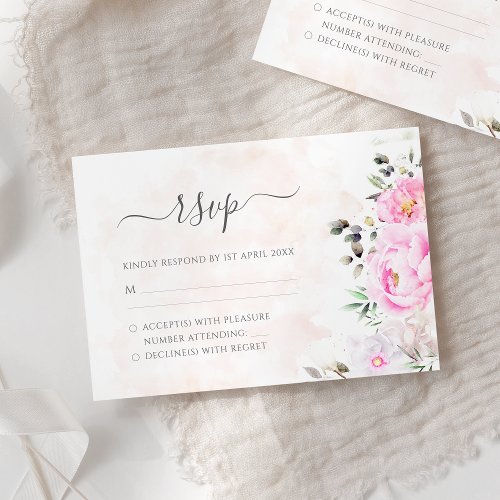 Pink Watercolor Floral Elegant Wedding RSVP Card