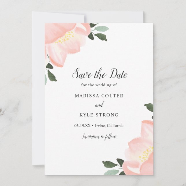 Pink Watercolor Floral Elegant Wedding Save The Date (Front)