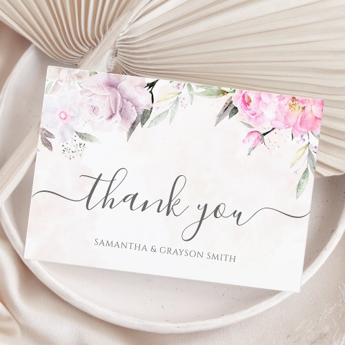 Pink Watercolor Floral Elegant Wedding Thank You Card