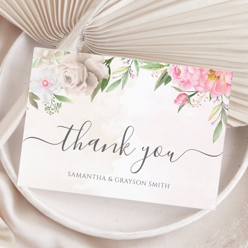 Pink Watercolor Floral Elegant Wedding Thank You Card