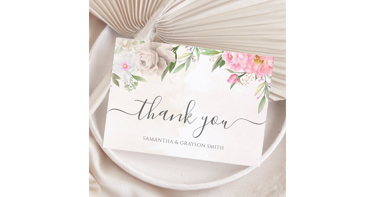 Pink Watercolor Floral Elegant Wedding Thank You Card | Zazzle