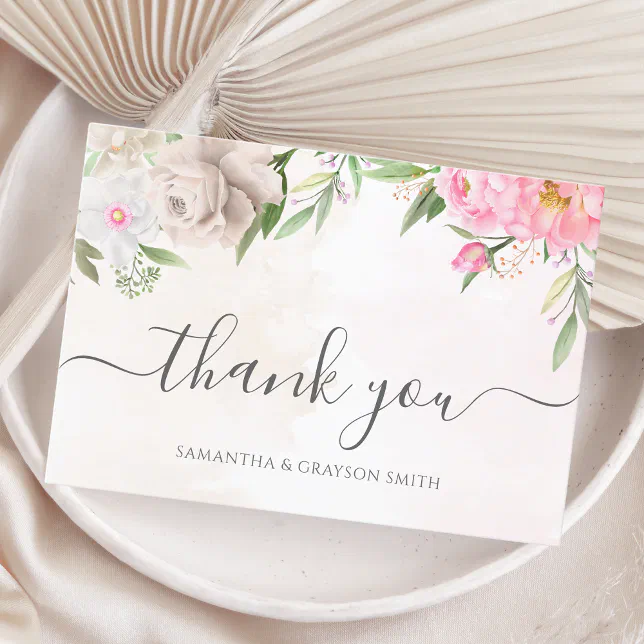 Pink Watercolor Floral Elegant Wedding Thank You Card | Zazzle