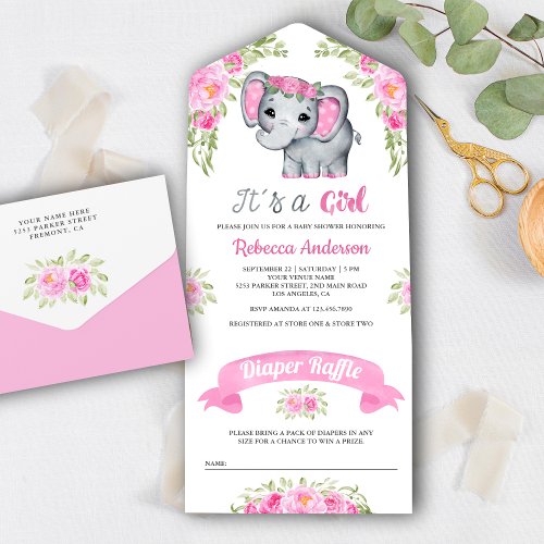 Pink Watercolor Floral Elephant Baby Shower All In One Invitation