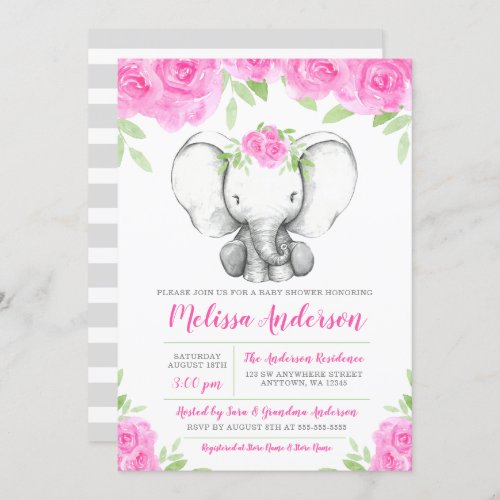 Pink Watercolor Floral Elephant Baby Shower Invitation