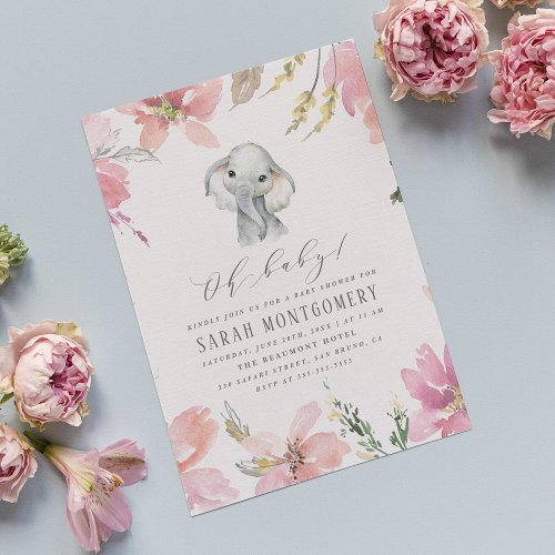 Pink Watercolor Floral Elephant Rustic Baby Shower Invitation Postcard