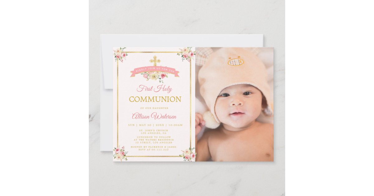 Pink watercolor floral first holy communion photo invitation | Zazzle