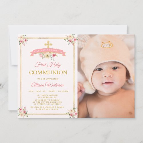 Pink watercolor floral first holy communion photo invitation