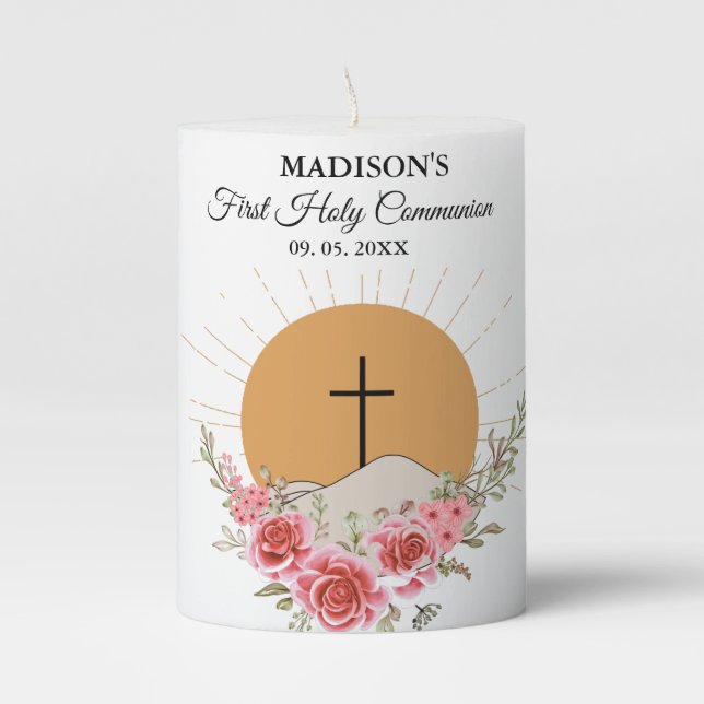 Pink watercolor Floral First holy Communion Pillar Candle (Front)