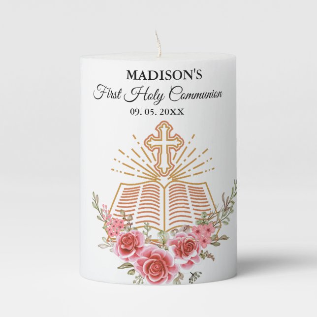 Pink watercolor Floral First holy Communion Pillar Candle (Front)