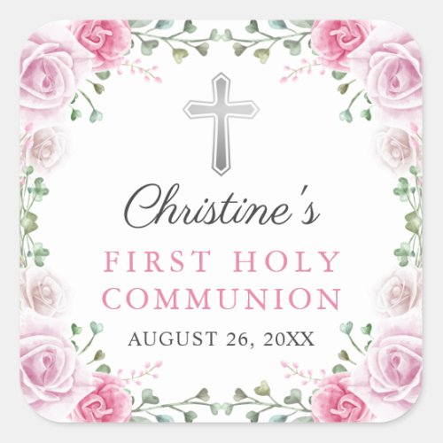 Pink Watercolor Floral First Holy Communion Square Sticker