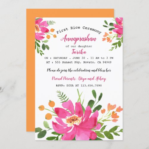Pink Watercolor Floral First Rice Annaprashan Invitation