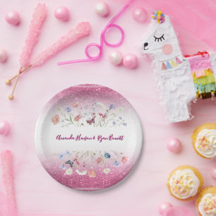 Pink Watercolor Floral Flower Wedding Paper Plates