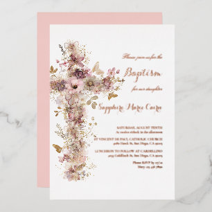 Pink Watercolor Floral Foil Baptism Invitation