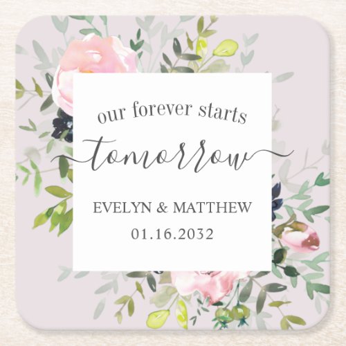 Pink Watercolor Floral Forever Starts Tomorrow Square Paper Coaster