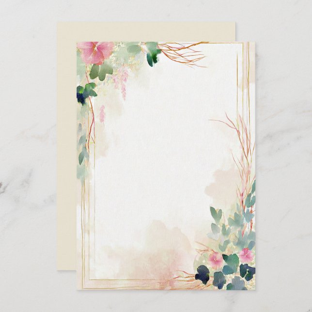Pink watercolor floral frame blank wedding invitation (Front/Back)
