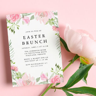Pink Watercolor Floral Frame Easter Brunch Invitation