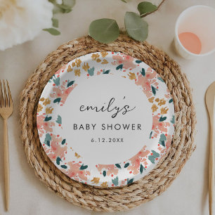 Pink Watercolor Floral Garden Baby Shower Paper Plates