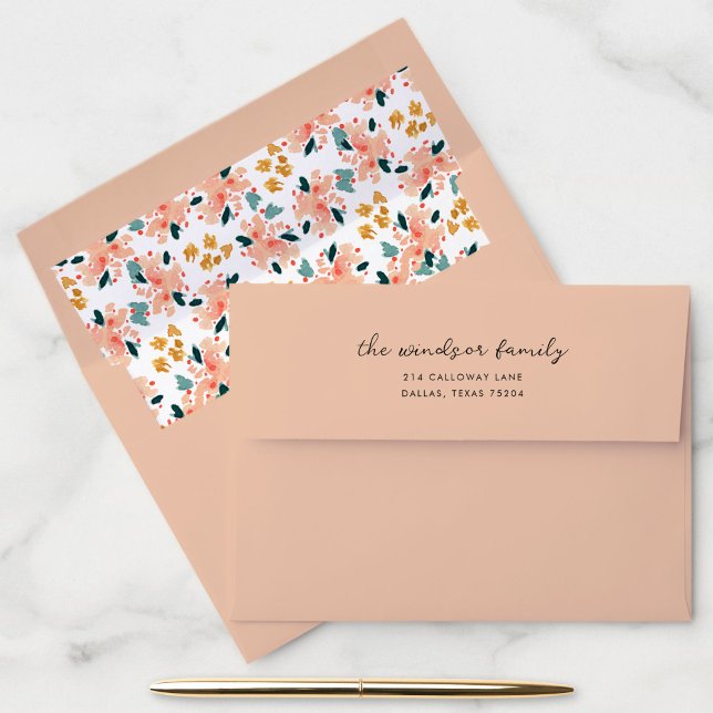 Pink Watercolor Floral Garden Envelope (Soft pink return address envelope with beautiful watercolor floral garden liner.)