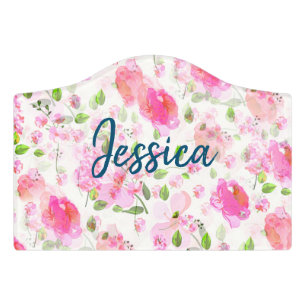 Pink Watercolor Floral Garden Pattern Door Sign