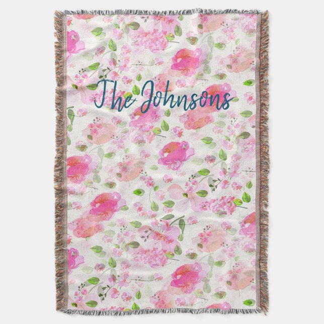 Pink Watercolor Floral Garden Pattern Throw Blanket (Front Vertical)