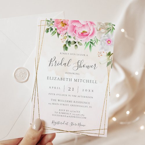 Pink Watercolor Floral Geometric Bridal Shower Invitation