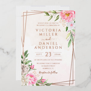 Pink Watercolor Floral Geometric Gold Wedding Foil Invitation