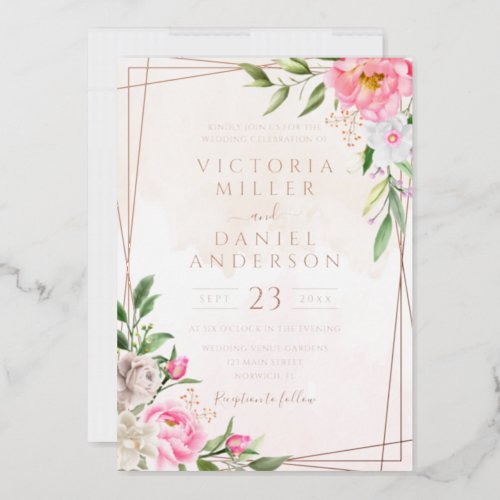 Pink Watercolor Floral Geometric Gold Wedding Foil Invitation