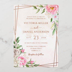 Pink Watercolor Floral Geometric Gold Wedding Foil Invitation