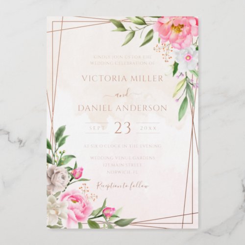 Pink Watercolor Floral Geometric Gold Wedding Foil Invitation