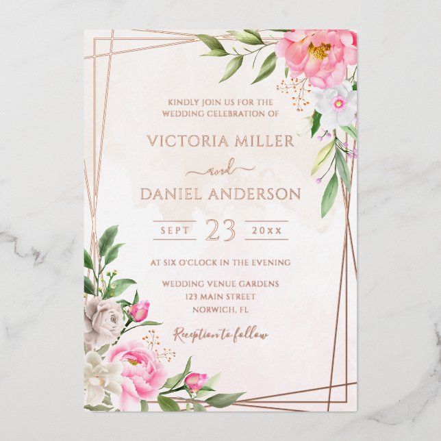 Pink Watercolor Floral Geometric Gold Wedding Foil Invitation (Front)