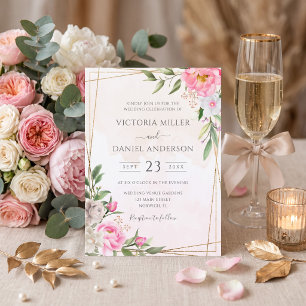Pink Watercolor Floral Geometric Gold Wedding Invitation