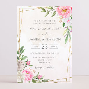 Pink Watercolor Floral Geometric Gold Wedding Invitation