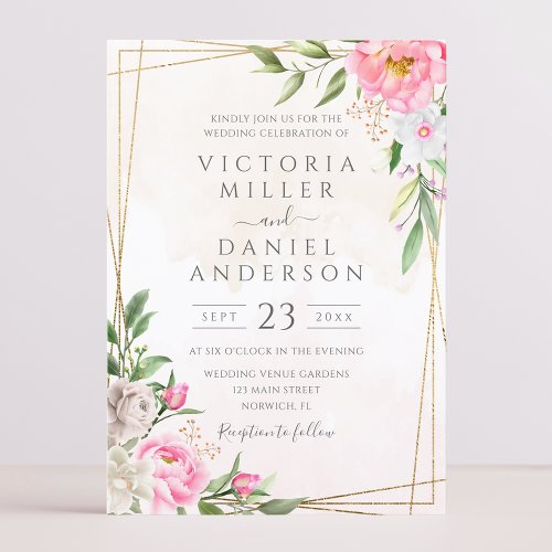 Pink Watercolor Floral Geometric Gold Wedding Invitation