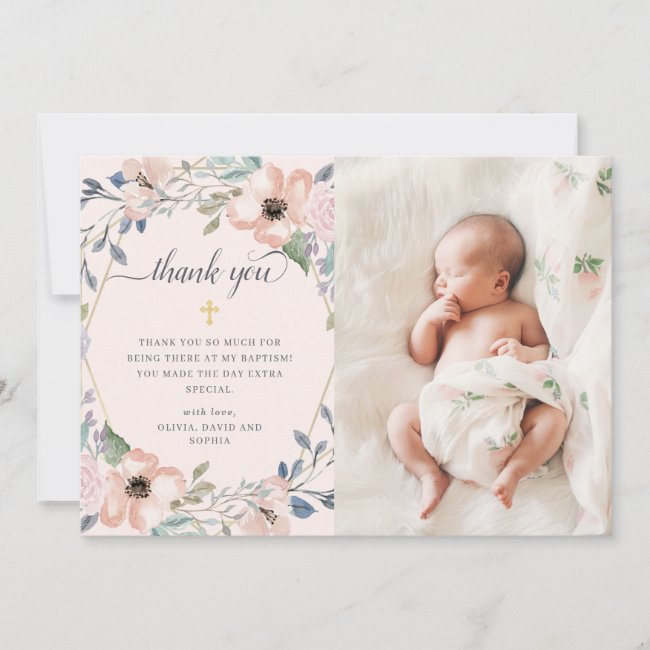 Pink Watercolor Floral Geometric | Photo Baptism Thank You Card