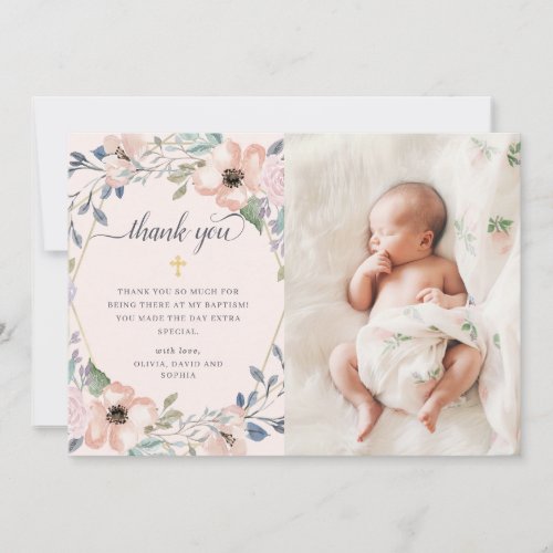 Pink Watercolor Floral Geometric  Photo Baptism Thank You Card