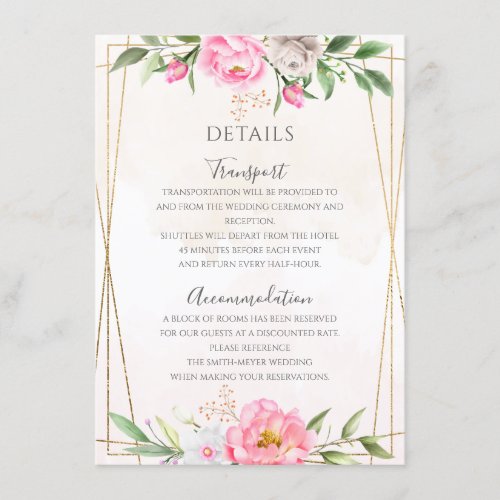 Pink Watercolor Floral Geometric Wedding Details Enclosure Card