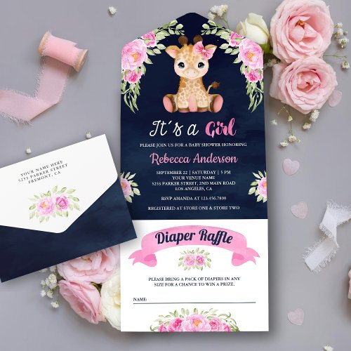 Pink Watercolor Floral Giraffe Navy Baby Shower All In One Invitation