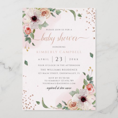 Pink Watercolor Floral Girl Baby Shower Foil Invitation