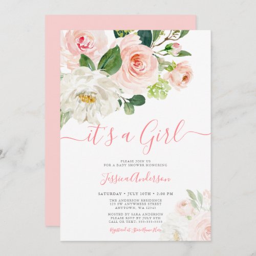 Pink Watercolor Floral Girl Baby Shower Invitation
