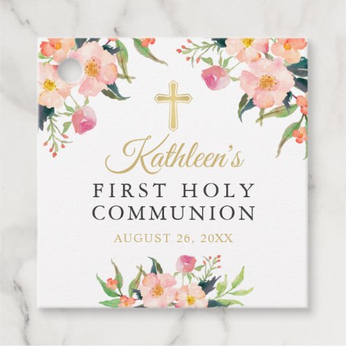 Pink Watercolor Floral Girl First Holy Communion Favor Tags
