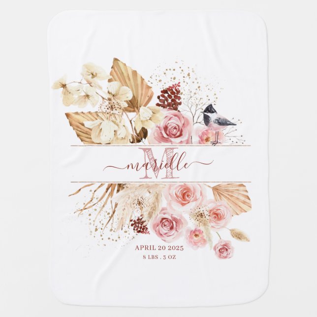 Pink Watercolor floral Girl Nursery Baby Blanket (Front)