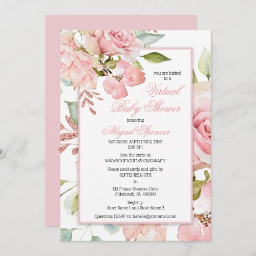 Pink Watercolor Floral Girl Virtual Baby Shower In Invitation