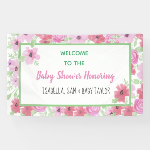 Pink Watercolor Floral Girls Baby Shower Banner