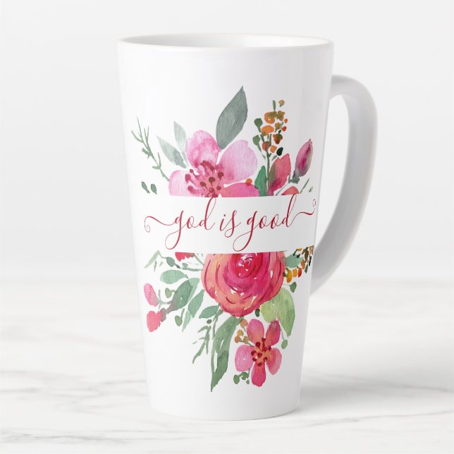 Pink watercolor floral "God is Good"  latte mug (Right Angle)