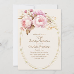 Pink Watercolor Floral Gold Frame 75th Birthday Invitation