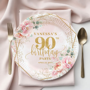 Pink Watercolor Floral Gold Frame 90th Birthday Paper Plates