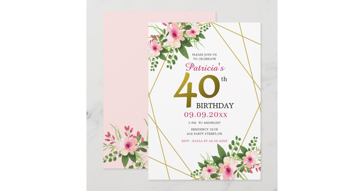 Pink Watercolor Floral Gold Glitter 40th Birthday Invitation | Zazzle